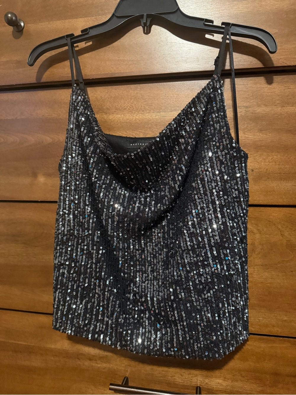 Endless Rose Black Sequin Cowl Neck Cami – Size Medium